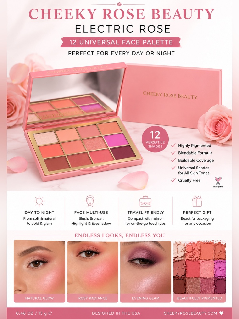 Electric & Rose 12-Shade Face Palette — Pink & Mauve Tones